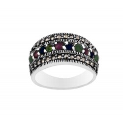 Mercasite Band Ring With Row Black Sapphire Ruby Emerald